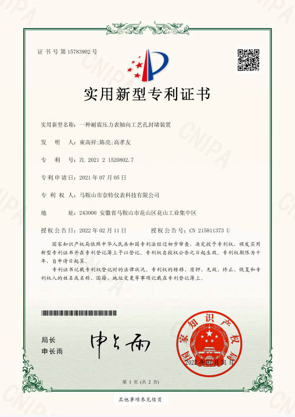 ZS4915-一種耐震壓力表軸向工藝孔封堵裝置-實(shí)用新型專利證書(shū)
